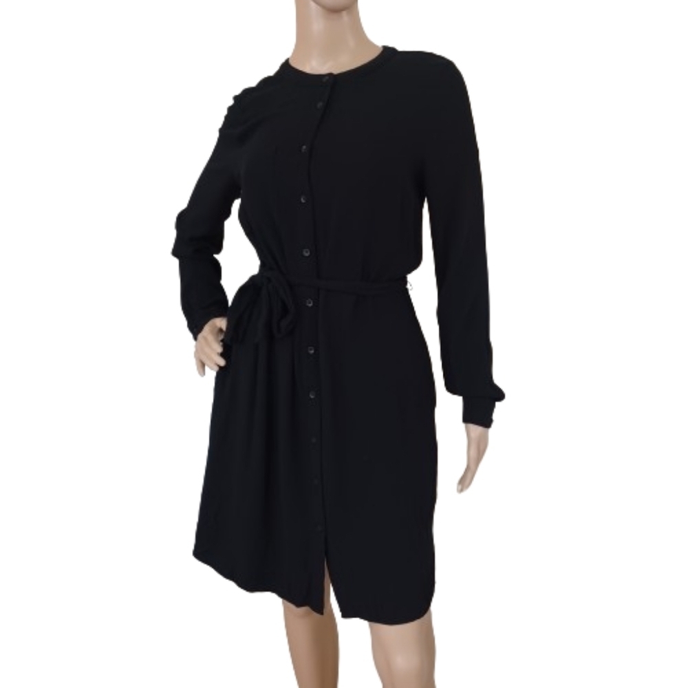 AMAZON ESSENTIALS Black Long Sleeve Viscose Button Down Belted Mini Dress